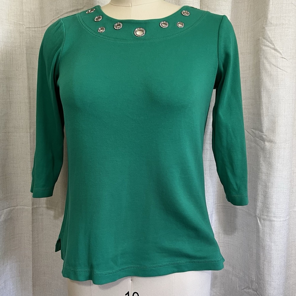 Quacker Factory Sz XS Green Top w/ Rhinestone grommets 3/4‎ sleeve 100% Cotton